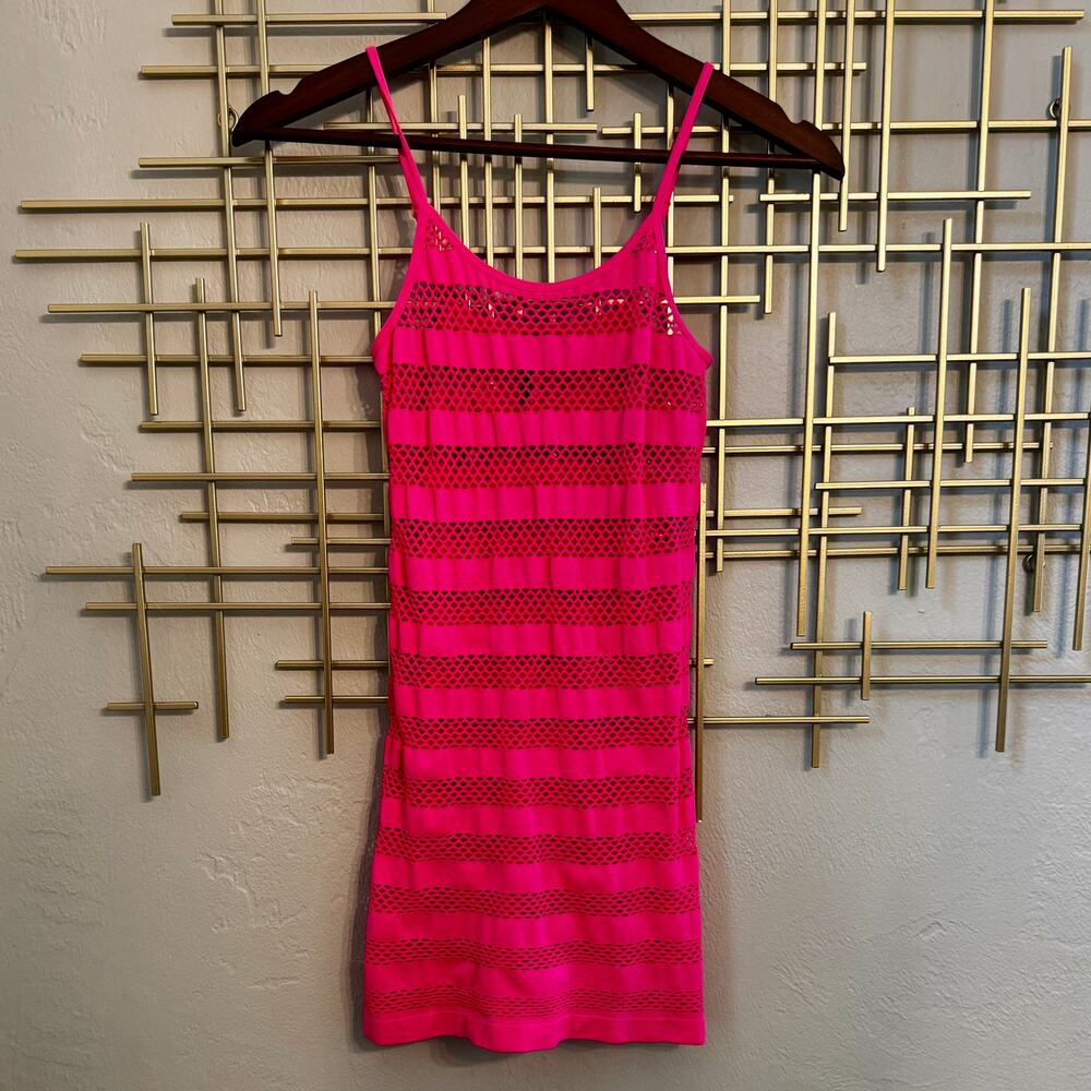 Seven 'Til Midnight Neon Pink Fishnet Mesh Cover Up Dress OS